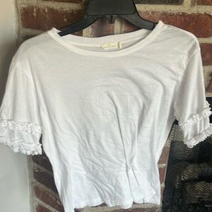 Michelle by comune, adult small, white shirt, ruffles on ends of sleeves